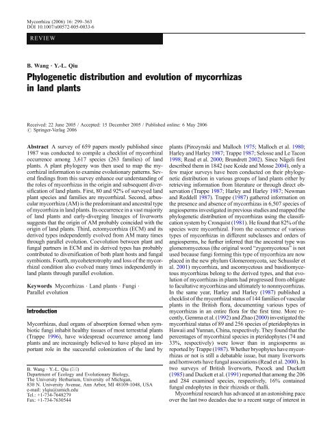 Phylogenetic distribution and evolution of mycorrhizas in land plants