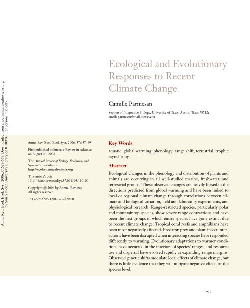 Ecological and Evolutionary Responses to Recent Climate Change