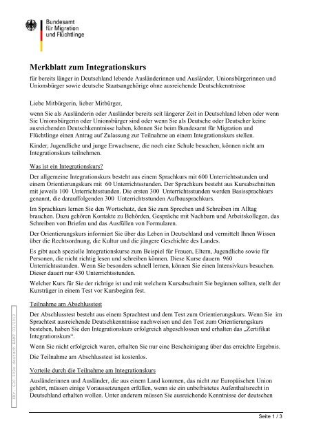 Merkblatt Zum Integrationskurs Bundesamt Für Migration Und