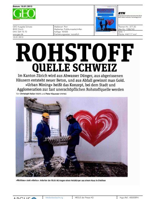 GEO Magazin (PDF, 3.1MB), 10.01.2013 - Zurich-Basel Plant ...