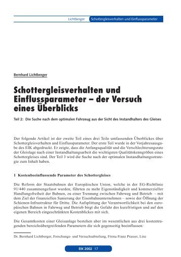 Schottergleisverhalten und Einflussparameter ... - Plasser & Theurer