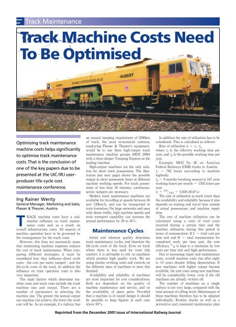 Track Machine Costs Need To Be Optimised - Plasser & Theurer