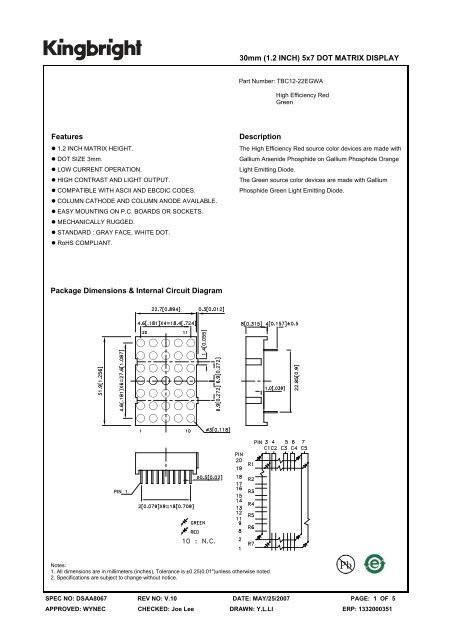 30mm (1.2 INCH) 5x7 DOT MATRIX DISPLAY Features Description ...