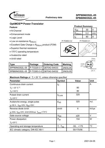 SPP80N03S2L-05 SPB80N03S2L-05 OptiMOS™=Power-Transistor