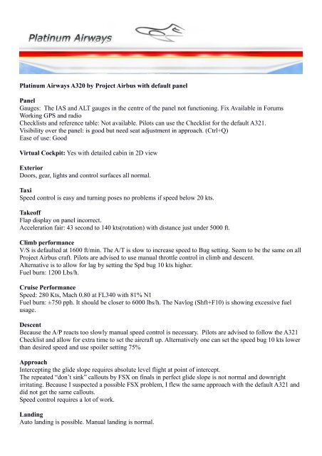 Platinum Airways A320 by Project Airbus with default panel Panel ...