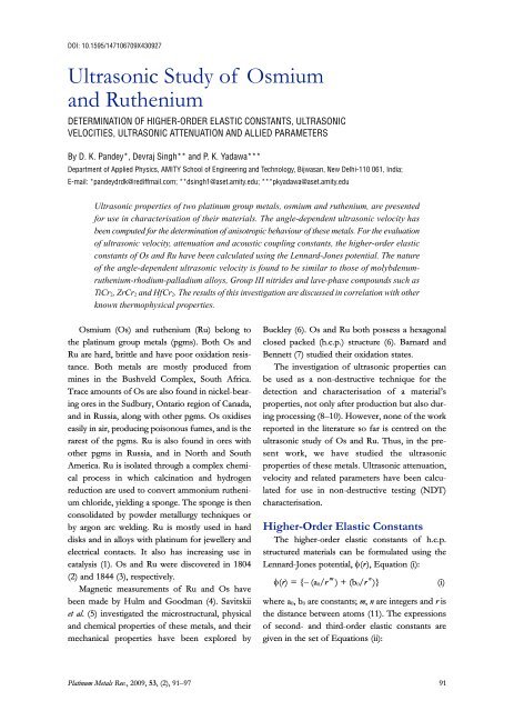 Ultrasonic Study of Osmium and Ruthenium - Platinum Metals Review