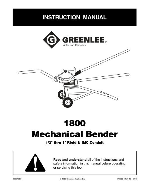 3/4 Greenlee 1800G1 Mechanical Bender for 1/2 and 1-Inch IMC and Rigid Conduit