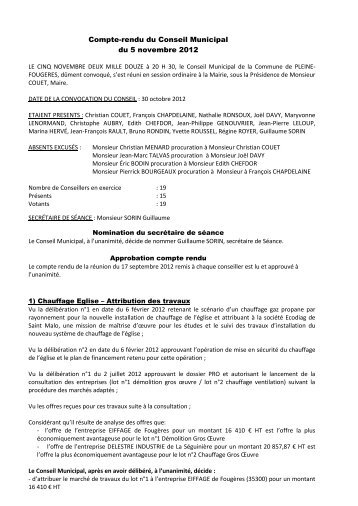 Conseil du 5 novembre 2012 - mairie de Pleine-FougÃ¨res