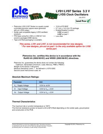 LV91/LV97 Series 3.3 V LVDS Clock Oscillators - Pletronics, Inc.