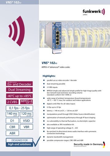 VNSÂ® 102V2 2 CVBS -40Â°C up to +85Â°C VSID D1 MPEG-4 140 ms ...