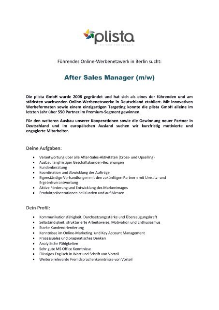 After Sales Manager (m/w) - plista