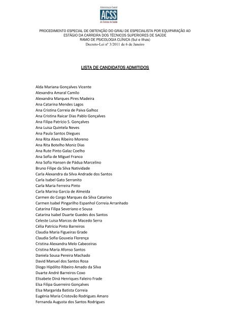 Lista De Admitidos E Exclu dos Ramo De Psicologia ACSS Lista De Admitidos E Exclu dos Ramo De Psicologia ACSS