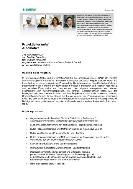 Projektleiter (m/w) Automotive - Siemens PLM Software