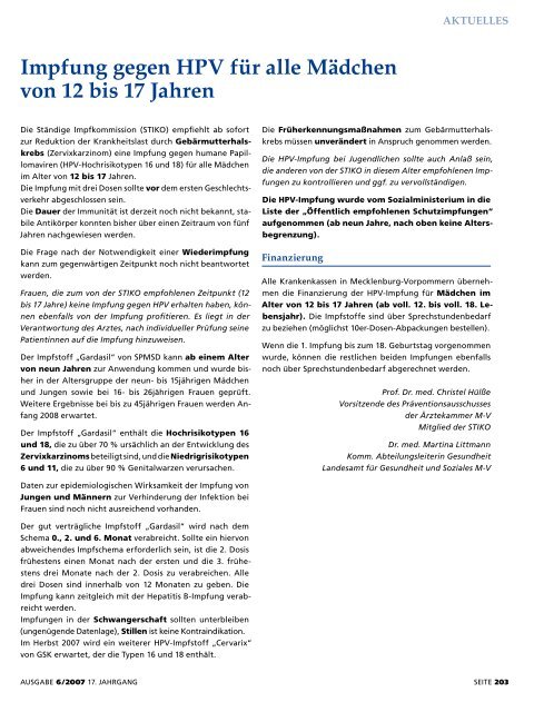 Ärzteblatt Juni 2007 - Ärztekammer Mecklenburg-Vorpommern
