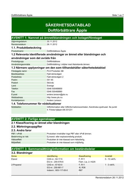 SÄKERHETSDATABLAD Doftförbättrare Äpple - PLS