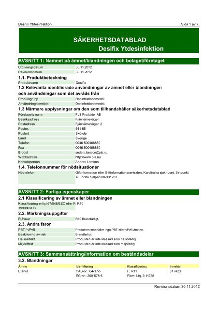SÄKERHETSDATABLAD Desifix Ytdesinfektion - PLS