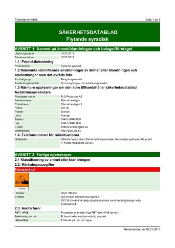 SÄKERHETSDATABLAD Flytande syradisk - PLS