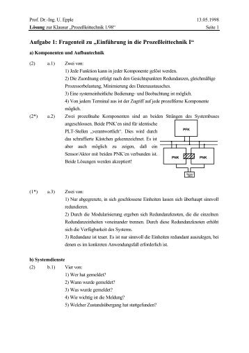 Aufgabe 1: Fragenteil zu âEinfÃ¼hrung in die ProzeÃleittechnik Iâ