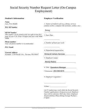 Social Security Number Request Letter (On-Campus Employment)