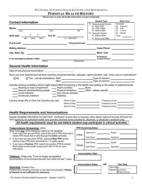 Health Packet - Pacific Lutheran University