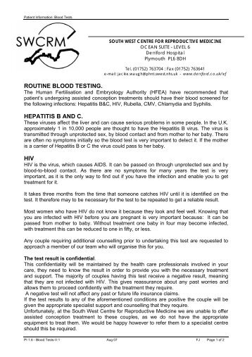 routine blood testing. hepatitis b and c. hiv - Plymouth Hospitals