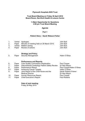 Agenda and papers - Plymouth Hospitals NHS Trust