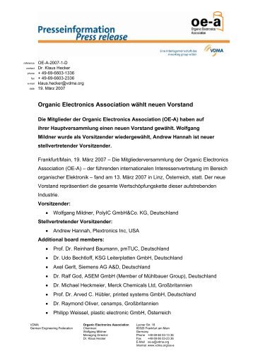 Organic Electronics Association wÃ¤hlt neuen Vorstand