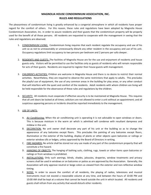 magnolia house condominium association, inc. rules and regulations