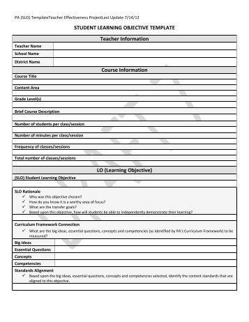 STUDENT LEARNING OBJECTIVE TEMPLATE Teacher ... - PMEA