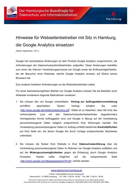 Hinweise für Webseitenbetreiber mit Sitz in Hamburg, die Google ...