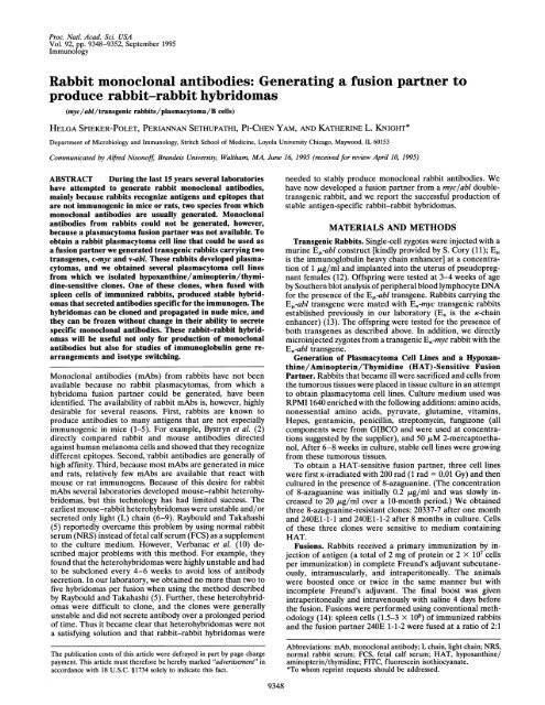 Rabbit monoclonal antibodies: Generating a fusion partner to ...