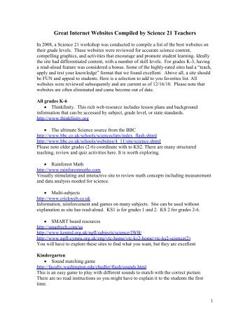 Great Internet Websites Compiled by Science 21 Teachers - Boces