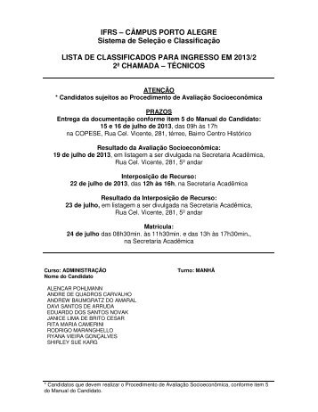 Lista de 2Âª chamada para ingresso nos Cursos TÃ©cnicos