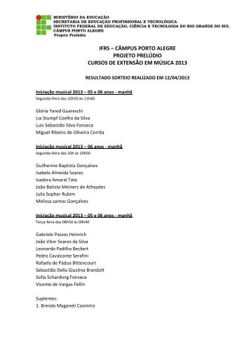 Resultado do Sorteio das vagas do Projeto Preludio realizado em ...