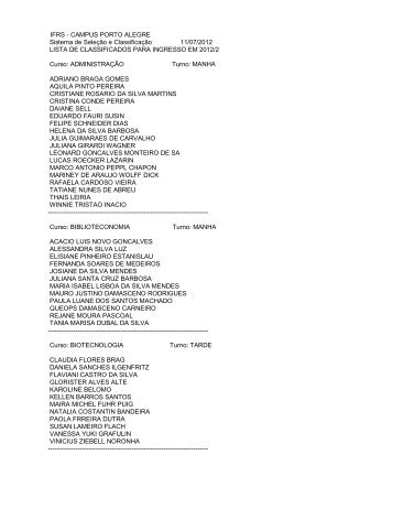 Lista de aprovados para ingresso em 2012/2 - IFRS CÃ¢mpus Porto ...