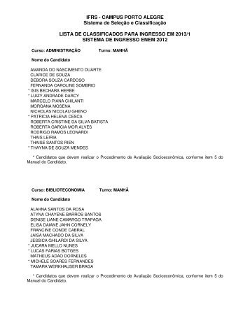 Lista de classificados para ingresso em 2013/1 - IFRS CÃ¢mpus ...
