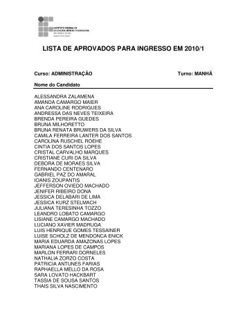 LISTA DE APROVADOS PARA INGRESSO EM 2010/1