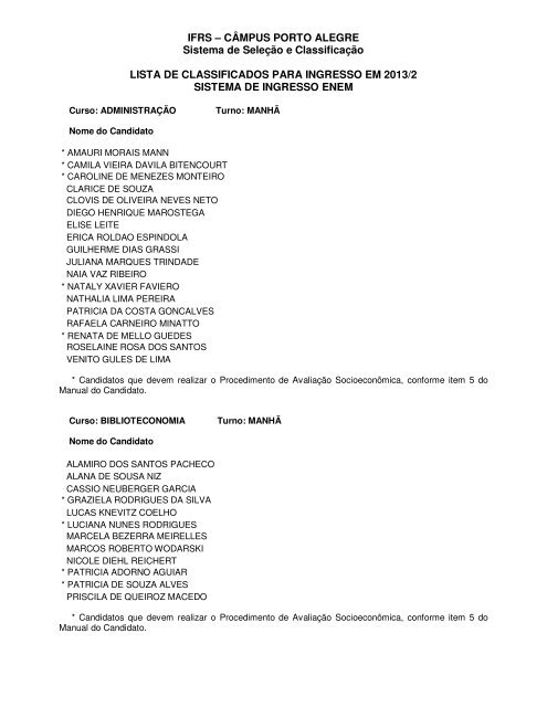 Lista de aprovados para ingresso em 2013/2 - IFRS CÃ¢mpus Porto ...