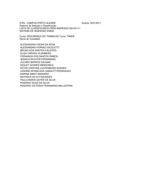 Lista de aprovados para ingresso em 2011/1 - IFRS CÃ¢mpus Porto ...