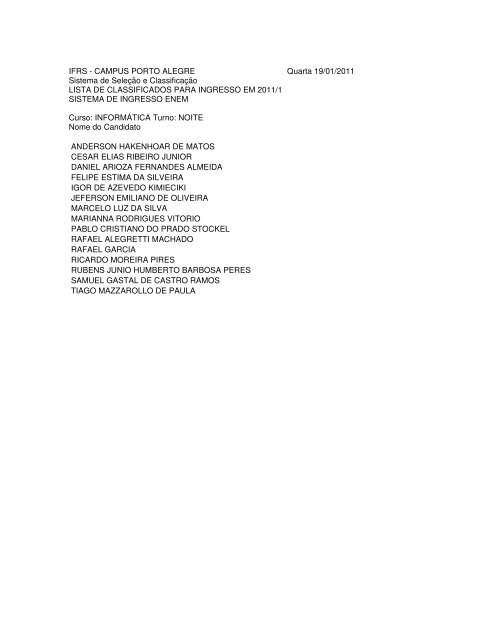 Lista de aprovados para ingresso em 2011/1 - IFRS CÃ¢mpus Porto ...