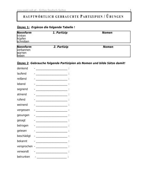 Partizipien Als Adjektive übungen Pdf HAUPTWÖRTLICH GEBRAUCHTE PARTIZIPIEN / ÜBUNGEN