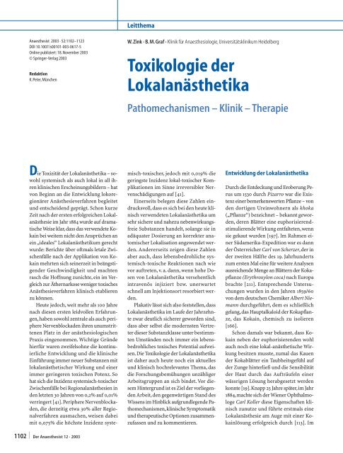 Toxikologie der Lokalanästhetika. Pathomechanismen  – Klinik