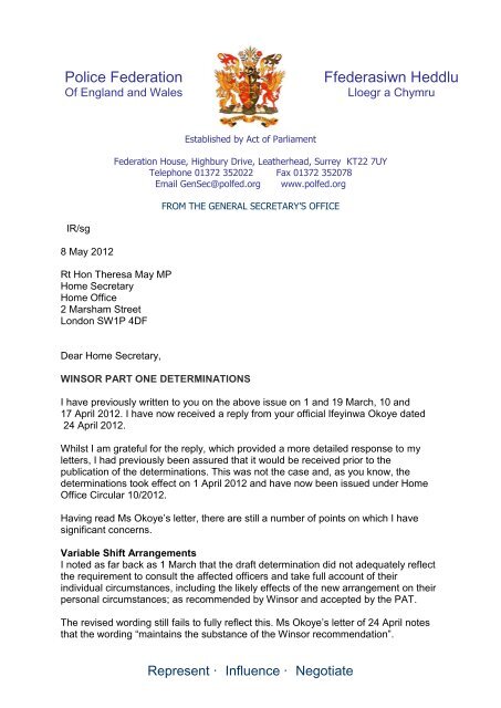 Letter to Home Sec - Winsor Part 1 Determinations - Police Federation