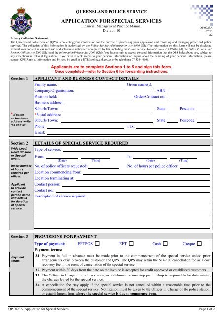 QP23A Application for Special Services - Queensland Police Service