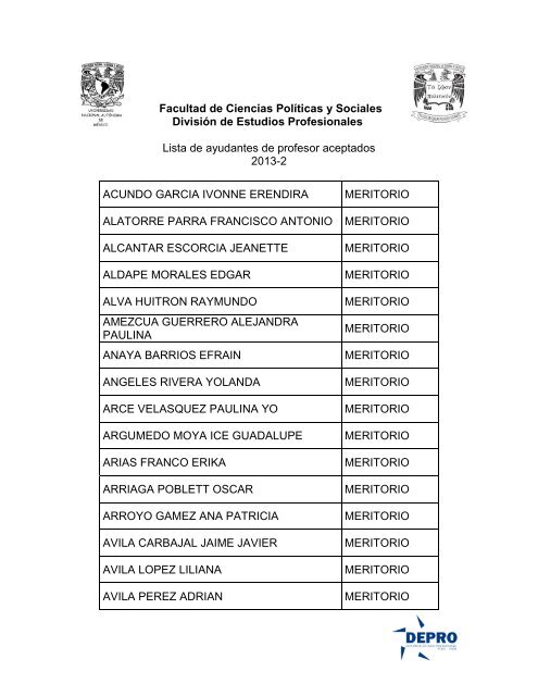 Lista de ayudantes de profesor aceptados 2013-2 - Facultad de ...