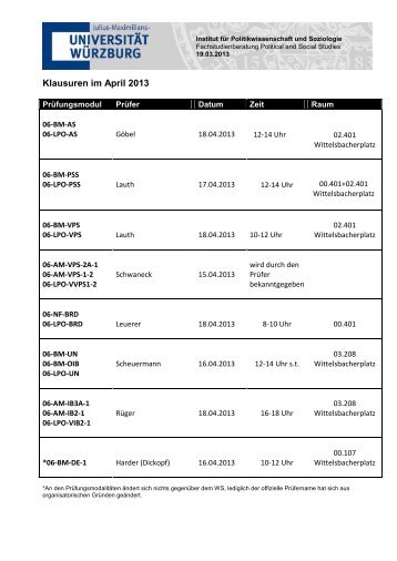 Klausuren im April 2013 - Institut fÃ¼r Politikwissenschaft und ...
