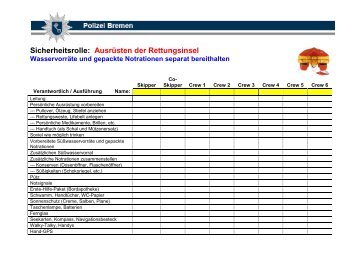 Sicherheitsrolle: Ausrüsten der Rettungsinsel - Polizei Bremen