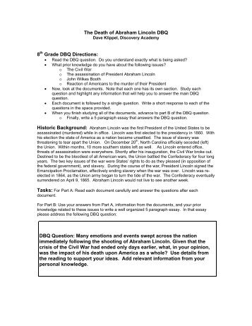 The Death of Abraham Lincoln DBQ 8th Grade DBQ Directions: DBQ ...