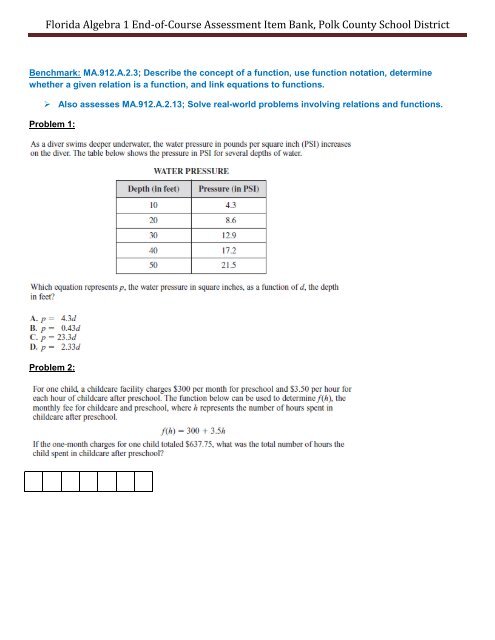 Florida Algebra 1 End-of-Course Assessment Item Bank, Polk ...