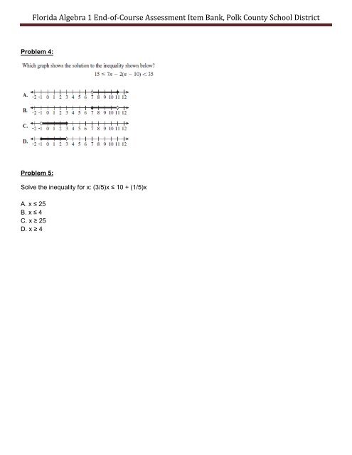 Florida Algebra 1 End-of-Course Assessment Item Bank, Polk ...